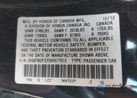 2013 Honda Civic Lx z USA, uszkodzony, nr VIN 2HGFB2F57DH517513